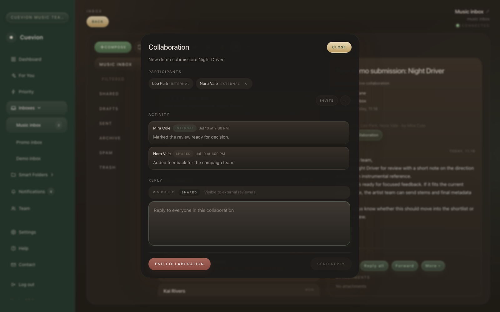 Cuevion Email Client thread collaboration modal
