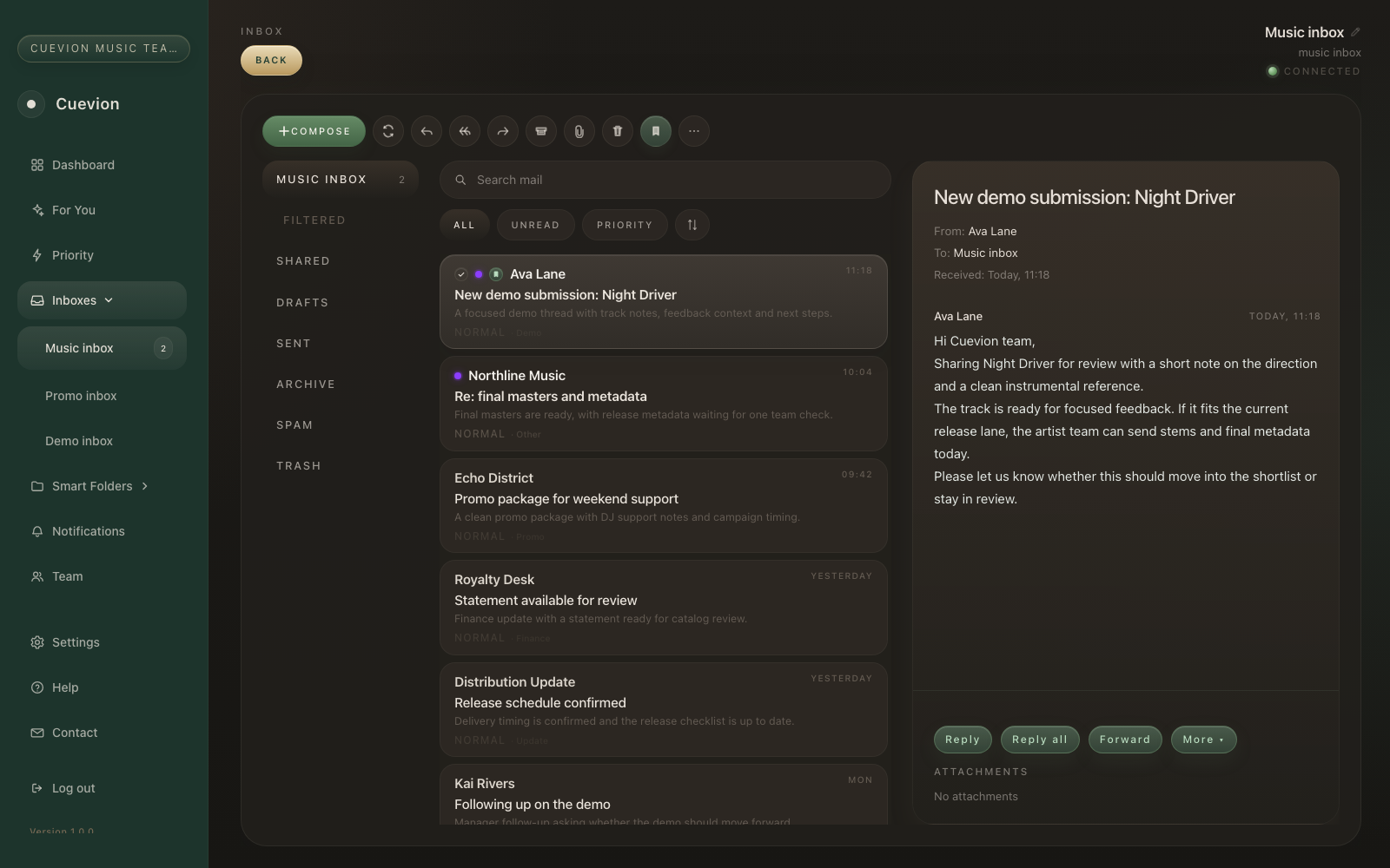 Cuevion Email Client inbox with message list and reading pane