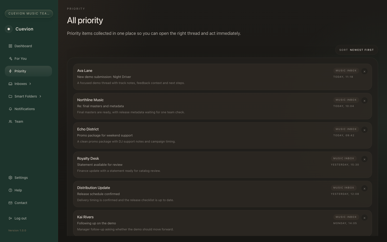 Cuevion Email Client priority queue showing focused music-industry conversations