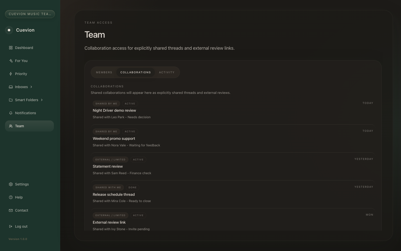 Cuevion Email Client team workspace showing collaboration access