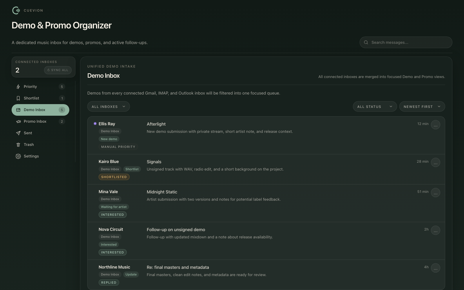 Cuevion Organizer focused demo intake