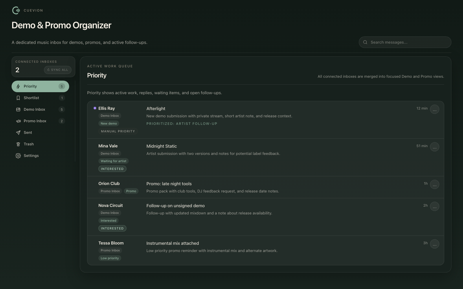 Cuevion Demo and Promo Organizer priority work queue